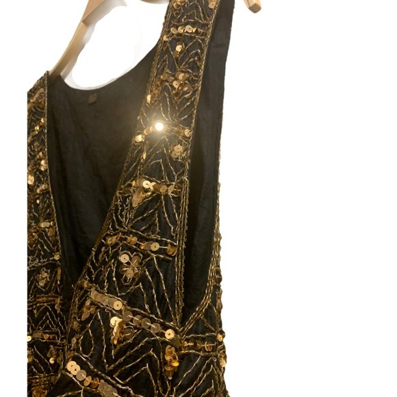 Vintage 100% Silk Black & Gold Sequin Vest | Handmade Embellished Boho Waistcoat - Picture 4 of 6